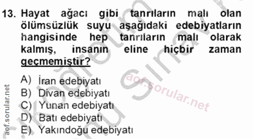 13. soru: Hayat ağacı gibi tanrıların malı olan ölümsüzlük suyu aşağıdaki edebiyatların hangisinde hep tanrıların malı olarak k…