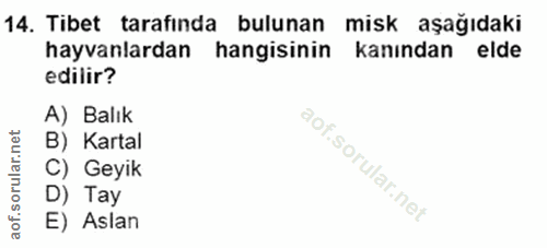 14. soru: Tibet tarafında bulunan misk aşağıdaki hayvanlardan hangisinin kanından elde edilir? A) Balık B) Kartal C) Geyik D) T…
