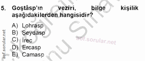 5. soru: Goştâsp'ın veziri, bilge kişılık aşağıdakilerden hangisidir? A) Lohrasp B) Şeydasp C) İrec D) Ercasp E) Camasp