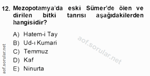 12. soru: Mezopotamya'da eski Sümerde ölen ve dirilen bitki tanrısı aşağıdakilerden hangisidir? A) Hatem-i Tay B) Ud-ı Kumari C…