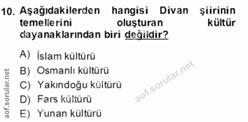 10. soru: Aşağıdakilerden hangisi Divan şiirinin temellerini oluşturan kültür dayanaklarından biri değildir? A) İslam kültürü B…