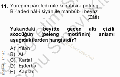11. soru: Yüreğim påreledi nite ki nahcir-i peleng Bi-'aded hâl-i siyâh ile mahbûb-i beyâz (Zâti) Yukarıdaki beyitte geçen altı…