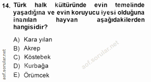 14. soru: Türk halk kültüründe evin temelinde yaşadığına ve evin koruyucu iyesi olduguna hayvan aşağıdakilerden hangisidir? A)…
