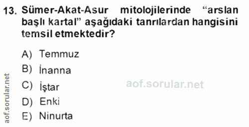 13. soru: Sümer-Akat-Asur mitolojilerinde • "arslan başlı kartal" aşağıdaki tanrılardan hangisini temsil etmektedir? A) Temmuz…