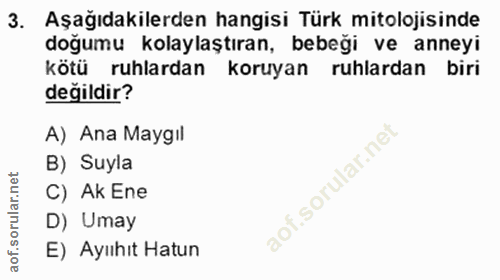 3. soru: Aşağıdakilerden hangisi Türk mitolojisinde doğumu kolaylaştıran, bebeği ve anneyi kötü ruhlardan koruyan ruhlardan bi…