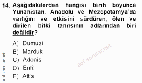 14. soru: Aşağıdakilerden hangisi tarih boyunca Yunanistan, Anadolu ve Mezopotamya'da varlığını ve etkisini sürdüren, ölen ve d…