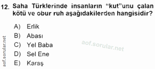 12. soru: Saha Türklerinde insanların "kut"unu çalan kötü ve obur ruh aşağıdakilerden hangisidir? A) Erlik B) Abası C) Yel Baba…