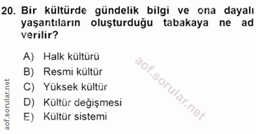 20. soru: Bir kültürde gündelik bilgi ve ona dayalı yaşantıların oluşturduğu tabakaya ne ad verilir? A) Halk kültürü B) Resmi k…