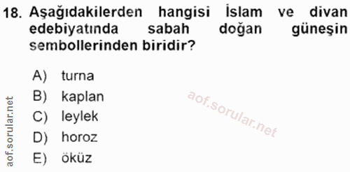 18. soru: Aşağıdakilerden hangisi Islam ve divan edebiyatında sabah doğan güneşin sembollerinden biridir? A) turna B) kaplan C)…