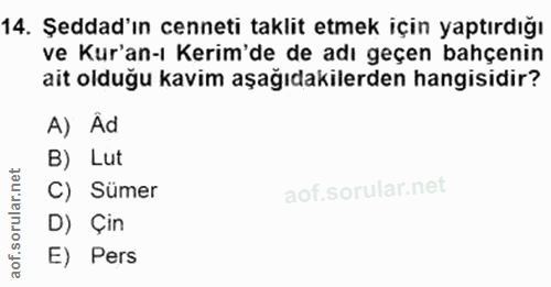 14. soru: Şeddad'ın cenneti taklit etmek için yaptırdığı ve Kur'an-ı Kerim'de de adı geçen bahçenin ait olduğu kavim aşağıdakil…