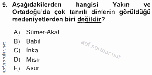 9. soru: Aşağıdakilerden hangisi Yakın ve Ortadoğu'da çok tanrılı dinlerin görüldüğü medeniyetlerden biri değildir? A) Sümer-A…