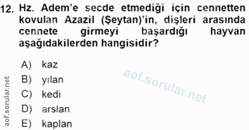 12. soru: Hz. Adem'e secde etmediği için cennetten kovulan Azazil (Şeytan)'in, dişleri arasında cennete girmeyi başardığı hayva…