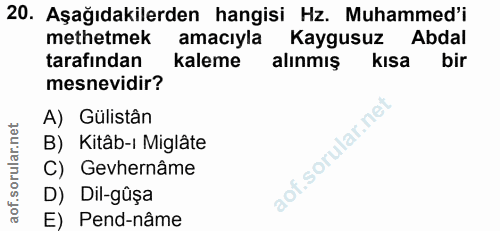 20. soru: Aşağıdakilerden hangisi Hz. Muhammed'i methetmek amacıyla Kaygusuz Abdal tarafından kaleme alınmış kısa bir mesnevidi…