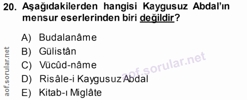 20. soru: Aşağıdakilerden hangisi Kaygusuz Abdal'ın mensur eserlerinden biri değildir? A) Budalanâme B) Gülistân orular.net C)…