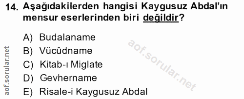 14. soru: Aşağıdakilerden hangisi Kaygusuz Abdal'ın mensur eserlerinden biri değildir? A) Budalaname B) Vücûdname C) Kitab-ı Mi…
