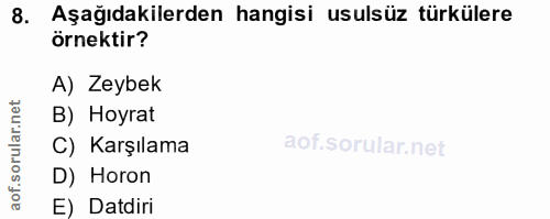 8. soru: Aşağıdakilerden hangisi usulsüz türkülere örnektir? A) Zeybek rular.net B) Hoyrat C) Karşılama D) Horon aof. E) Datdiri