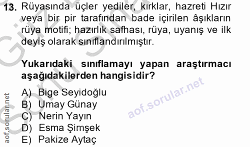 13. soru: Rüyasında üçler yediler, kırklar, hazreti Hızır veya bir pir tarafından bade içirilen âşıkların rüya motifi; hazırlık…