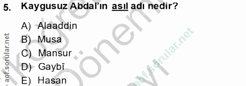 5. soru: Kaygusuz Abdal'ın asıl adı nedir? A) Alaaddin B) Musa one Srular.net C) Mansur ,*, D) Gaybi E) Hasan