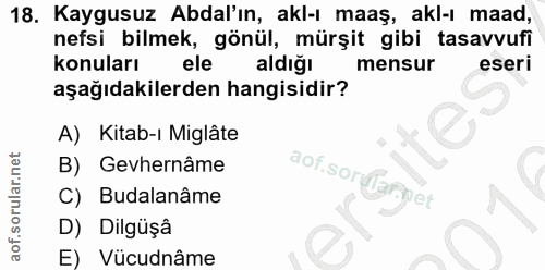18. soru: Kaygusuz Abdal'ın, akl-ı maaş, akl-ı maad, nefsi bilmek, gönül, mürşit gibi tasavvufi konuları ele aldığı mensur eser…