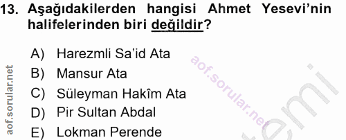 13. soru: Aşağıdakilerden hangisi Ahmet Yesevi'nin halifelerinden biri değildir? A) Harezmli Sa'id Ata B) Mansur Ata C) Süleyma…