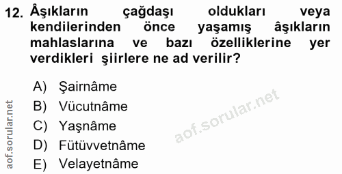 12. soru: Äşıkların çağdaşı oldukları veya kendilerinden önce yaşamış âşıkların mahlaslarına ve bazı özelliklerine yer verdikle…