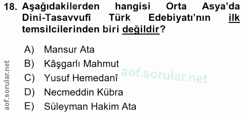 18. soru: Aşağıdakilerden hangisi Orta Asya'da Dini-Tasavvufi Türk Edebiyatı'nın ilk temsilcilerinden biri değildir? A) Mansur…