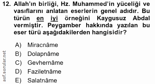 12. soru: Allah'ın birliği, Hz. Muhammed'in yüceliği ve vasıflarını anlatan eserlerin genel adıdır. Bu türün en iyi örneğini Ka…