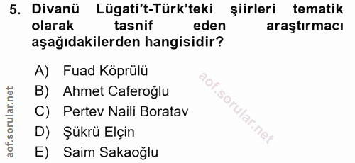 5. soru: Divanü Lügati't-Türk'teki şiirleri tematik olarak tasnif eden araştırmacı aşağıdakilerden hangisidir? A) Fuad Köprülü…