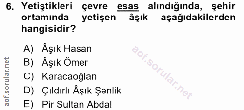 6. soru: Yetiştikleri çevre esas alındığında, şehir ortamında yetişen aşağıdakilerden hangisidir? A) Âşık Hasan B) Äşık Ömer C…