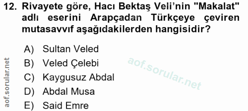 12. soru: Rivayete göre, Hacı Bektaş Veli'nin "Makalat" adlı eserini Arapçadan Türkçeye çeviren mutasavvıf aşağıdakilerden hang…
