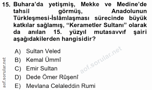 15. soru: Buhara'da yetişmiş, Mekke ve Medine'de tahsil görmüş, Anadolunun Türkleşmesi-Islâmlaşması sürecinde büyük katkılar sa…