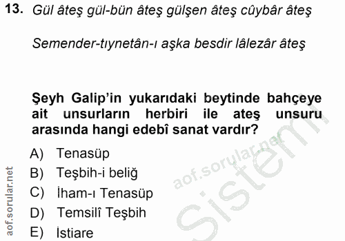 13. soru: Gül âteş gül-bün âteş gülşen âteş cûybâr âteş Semender-tıynetân-ı aşka besdir lâlezâr âteş Şeyh Galip'in yukarıdaki b…