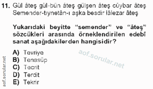 11. soru: Gül âteş gül-bün áteş gülşen áteş cüybar äteş Semender-tiynetân-l aşka besdir lålezar âteş Yukarıdaki beyitte "semend…
