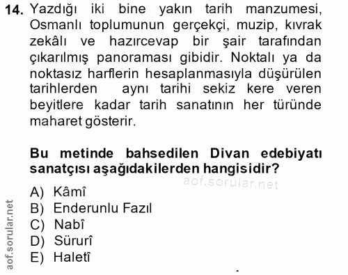 14. soru: Yazdığı iki bine yakın tarih manzumesi, Osmanlı toplumunun gerçekçi, muzip, kıvrak zekâlı ve hazırcevap bir şair tara…