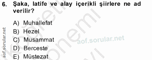 6. soru: Şaka, latife ve alay içerikli şiirlere ne ad verilir? A) Muhallefat B) Hezel C) Musammat D) Berceste E) Müstezat