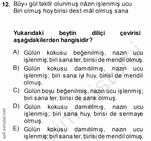 12. soru: Büy-ı gül taktir olunmuş nazın işlenmiş ucu Biri olmuş hoy birisi dest-mâl olmuş sana Yukarıdaki beytin diliçi çeviri…