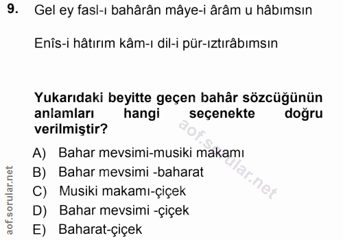 9. soru: Gel ey fasl-ı bahârân mâye-i ârâm u hâbımsın Enîs-i hâtırım kâm-ı dil-i pür-ıztırâbımsın Yukarıdaki beyitte geçen bah…