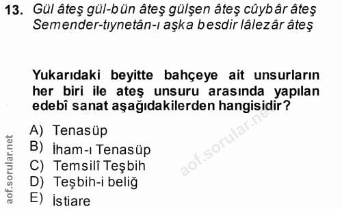 13. soru: Gül âteş gül-bün âteş gülşen âteş cûybâr âteş Semender-tıynetân-ı aşka besdir lâlezâr âteş Yukarıdaki beyitte bahçeye…