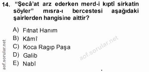 14. soru: "Şecâ'at arz ederken merd-i kıpti sirkatin söyler" misra-l bercestesi aşağıdaki şairlerden hangisine aittir? A) Fıtna…