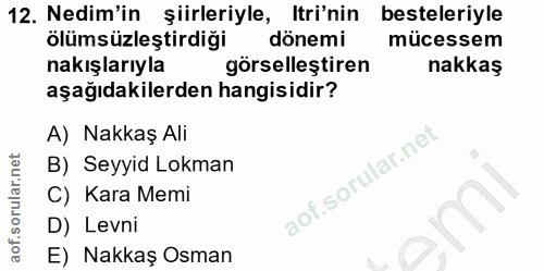 12. soru: Nedim'in şiirleriyle, Iri'nin besteleriyle ölümsüzleştirdiği dönemi mücessem nakışlarıyla görselleştiren nakkaş aşağı…