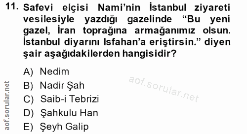 11. soru: Safevi elçisi Nami'nin İstanbul ziyareti vesilesiyle yazdığı gazelinde "Bu yeni gazel, İran toprağına armağanımız ols…