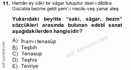11. soru: Hemân ey sâkî bir sâgar tutuşdur dest-i dildâra Gazabla bezme geldi șem'-i meclis-veş yanar ateş Yukarıdaki beyitte "…