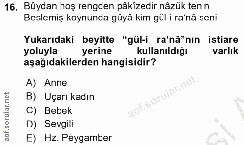 16. soru: Büydan hoş rengden pâkizedir nâzük tenin Beslemiş koynunda gûyâ kim gül-i ra'nâ seni Yukarıdaki beyitte "gül-i ra'nâ"…