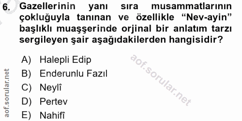 6. soru: Gazellerinin yanı sıra musammatlarının çokluğuyla tanınan ve özellikle "Nev-ayin" başlıklı muşşerinde orjinal bir anl…