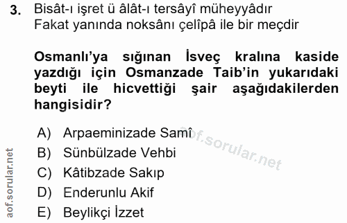 3. soru: Bisât-ı işret ü âlât-ı tersâyî müheyyâdır Fakat yanında noksânı çelîpâ ile bir meçdir Osmanli'ya sığınan İsveç kralın…