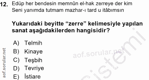 12. soru: Edüp her bendesin memnün el-hak zerreye der kim Seni yanımda tutmam mazhar-ı tard u itâbımsın Yukarıdaki beyitte "zer…