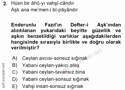 2. soru: Hüsn bir âhü-yı vahşî-cândır Aşk ana me'men-i bî-pâyândır Enderunlu Fazıl'ın Defter-i Aşk'ından alıntılanan yukarıdak…