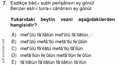 7. soru: Esdikçe bâd-ı subh perişânsın ey gönül Benzer esîr-i turra-i cânânsın ey gönül Yukarıdaki beytin vezni aşağıdakilerde…
