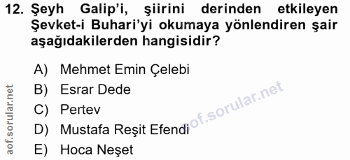 12. soru: Şeyh Galip'i, Siirini derinden etkileyen Şevket-i Buhari'yi okumaya yönlendiren şair aşağıdakilerden hangisidir? A) M…