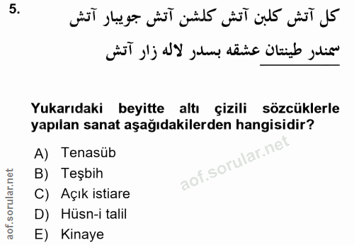 5. soru: Yukarıdaki beyitte altı çizili sözcüklerle yapılan sanat aşağıdakilerden hangisidir? A) Tenasüb aof.sorular.ne B) Teş…